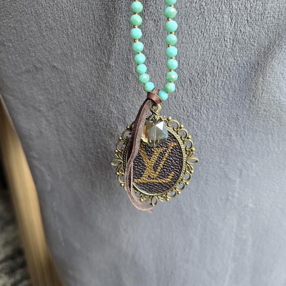 Upcycled Long Turquoise Beaded Necklace W Bronze LV Pendant 36inches - Picture 7 of 10